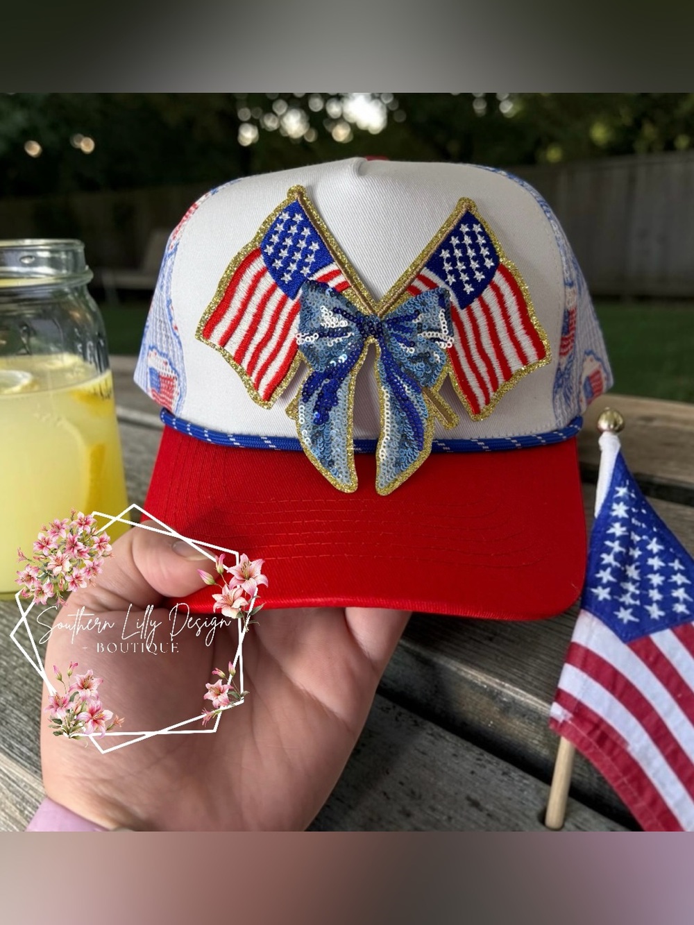 Patriotic American Flag Sequin Bow Trucker Hat - Red & White
